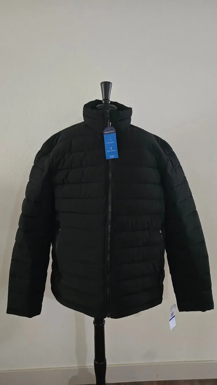 NWT Nautica Men's Black Water Resistant Puffer Jacket XL Full Zip Active Stretch